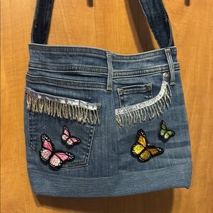 Denim Butterfly Embellished Tote Bag